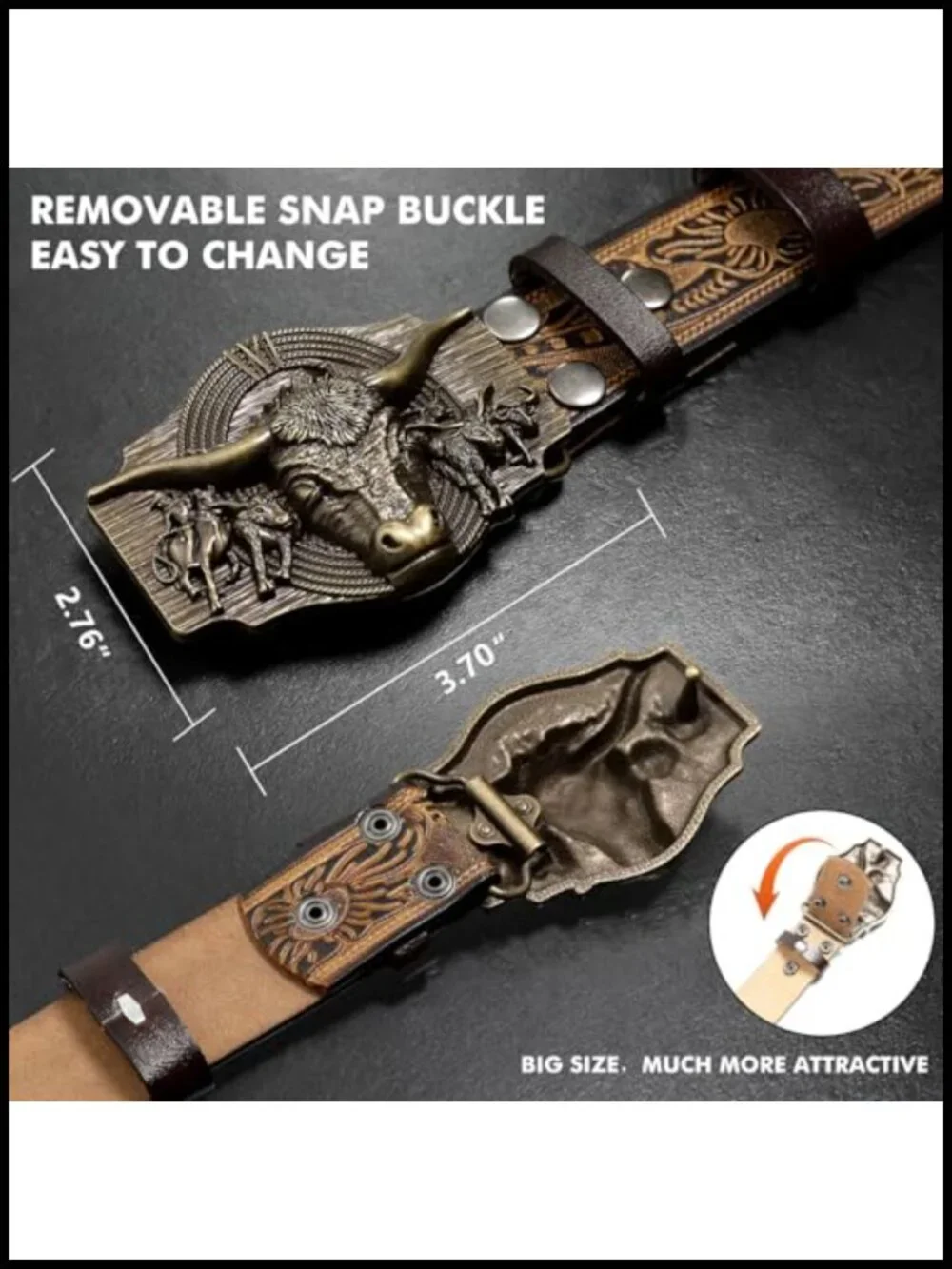 Men's Western Cowhide Leather Belt with Engraved Detachable Buckle